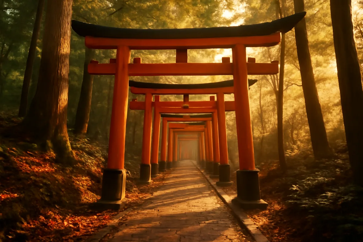 A serene forest path lined with traditional red torii gates at Fushimi Inari shrine in Kyoto, Japan, bathed in soft golden morning light