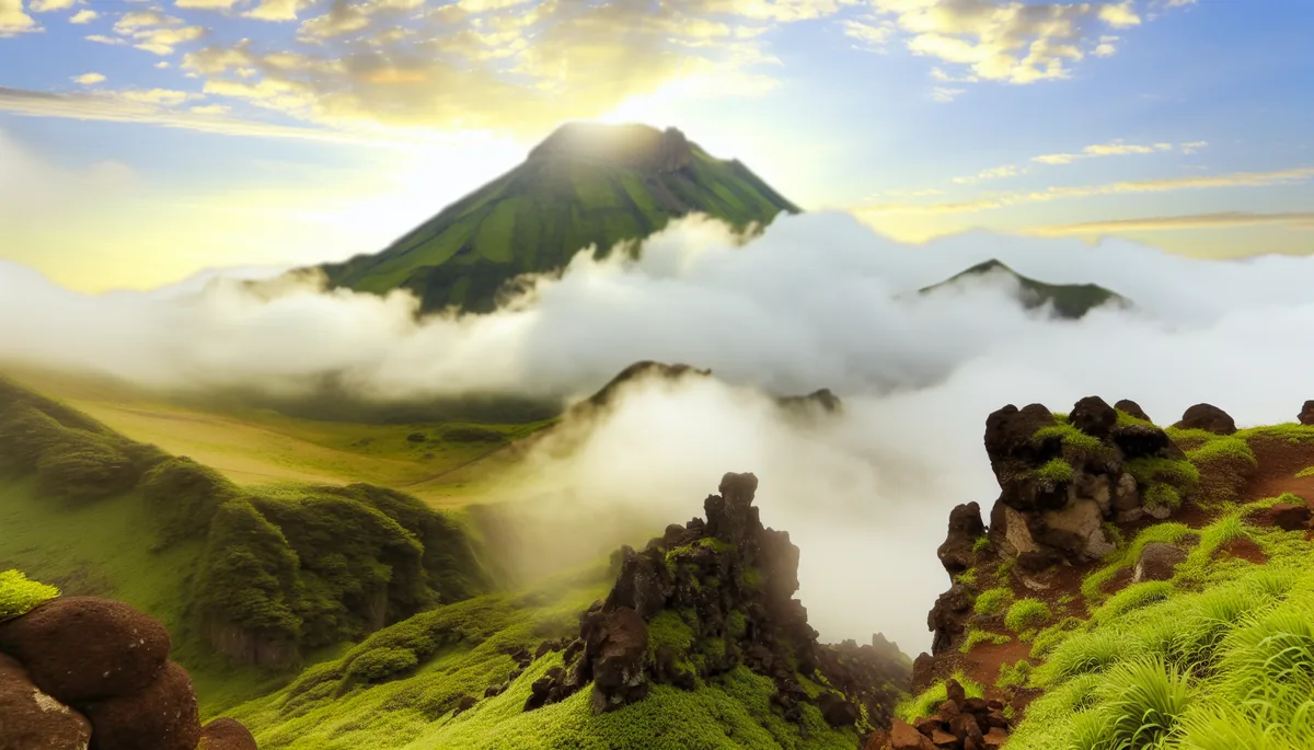 Scenic view of Hallasan mountain on Jeju Island with volcanic landscape and morning mist