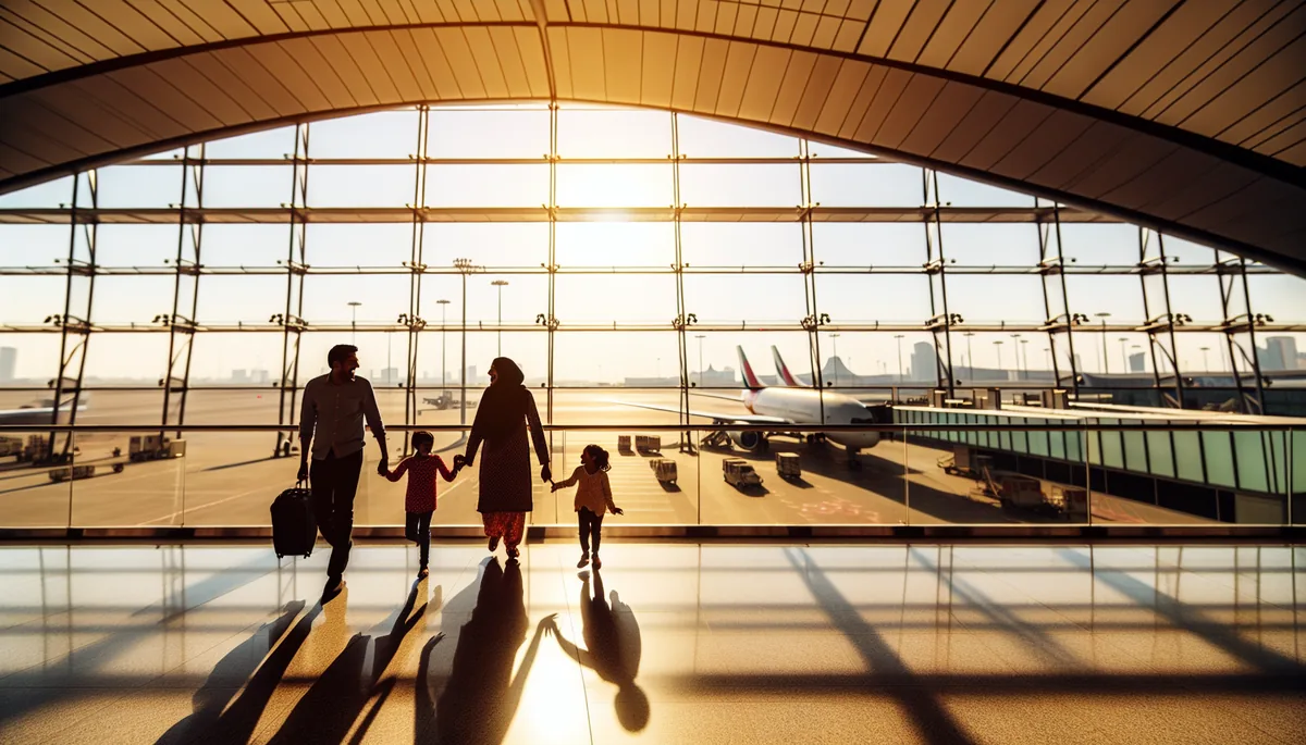 Family silhouettes walking through a bright, modern airport terminal with large windows and aircraft visible outside