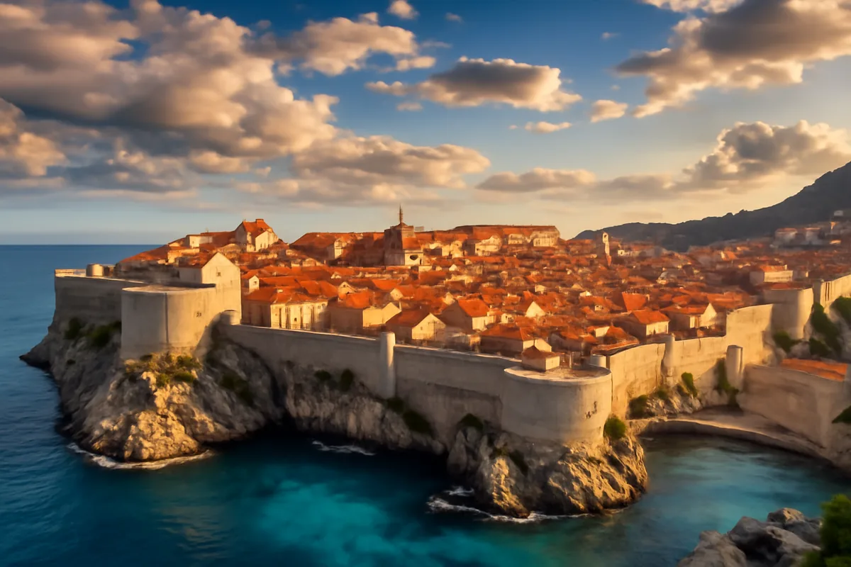 Panoramic view of Dubrovnik's historic walled city along the Adriatic Sea coast, with terracotta rooftops glowing under golden hour sunlight and turquoise waters below