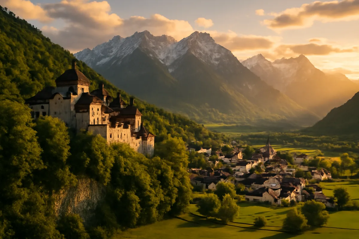 Vaduz Castle sitting atop a lush green hill in Liechtenstein, with the small capital city below and snow-capped Alpine mountains stretching into the background under golden evening light.