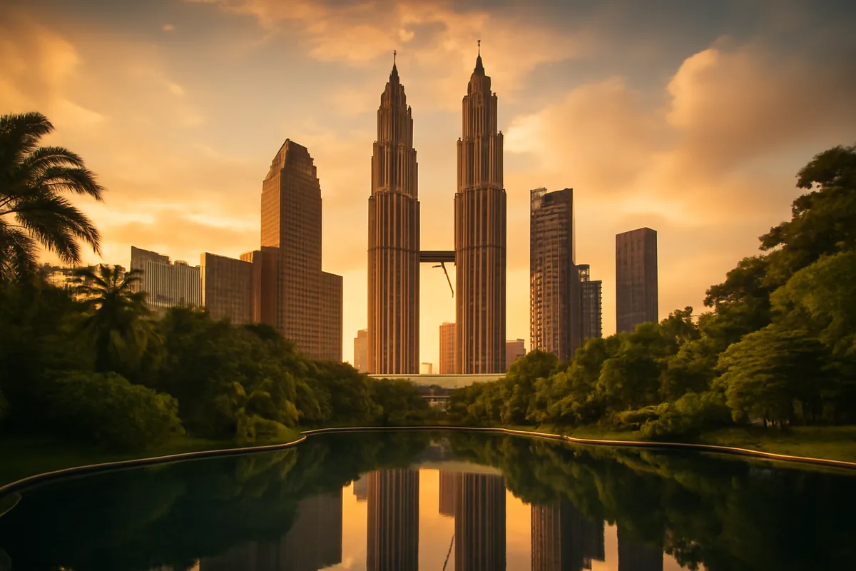 Kuala Lumpur skyline at golden hour featuring the iconic twin towers surrounded by tropical greenery and reflected in a calm pool below