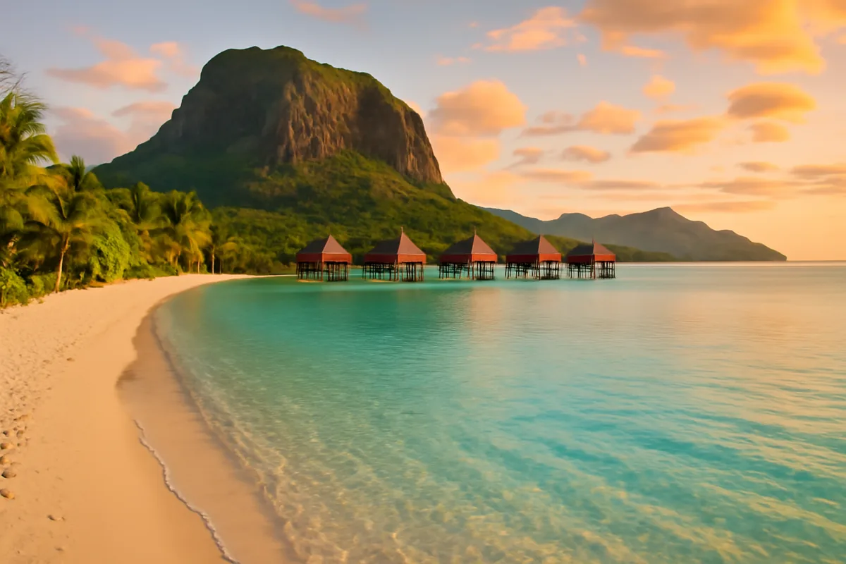 Stunning aerial view of a pristine Mauritius beach with turquoise waters, white sand, and tropical mountains in the background during golden hour