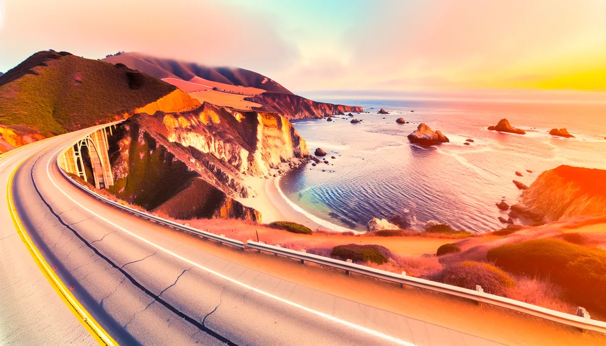 Scenic coastal highway winding along dramatic California cliffs overlooking the Pacific Ocean during golden hour