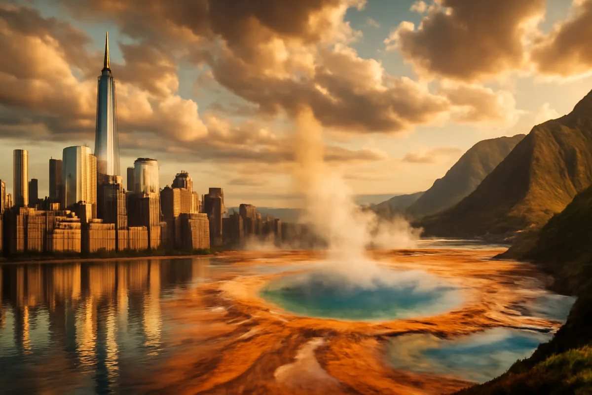 A stunning panoramic view of America's diverse summer destinations, featuring the Manhattan skyline reflected in water at golden hour, with hints of Yellowstone's geothermal landscape and Hawaii's turquoise coastline