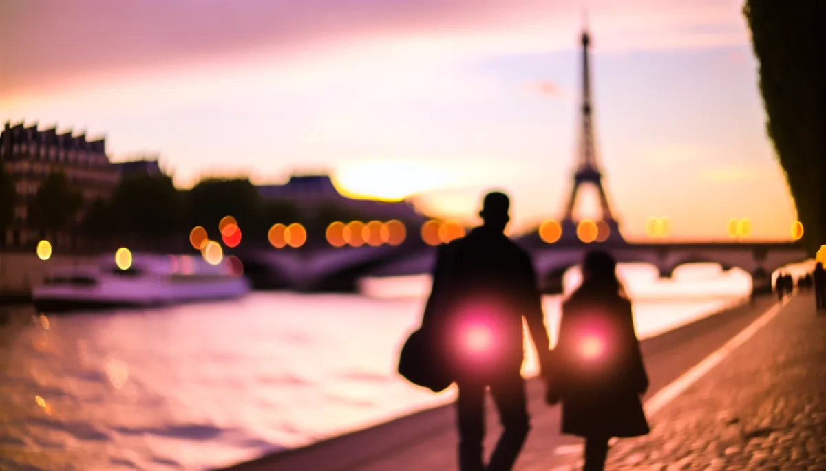 Romantic silhouettes of a couple walking along the Seine River in Paris at sunset, with the illuminated Eiffel Tower in the background and warm golden lighting