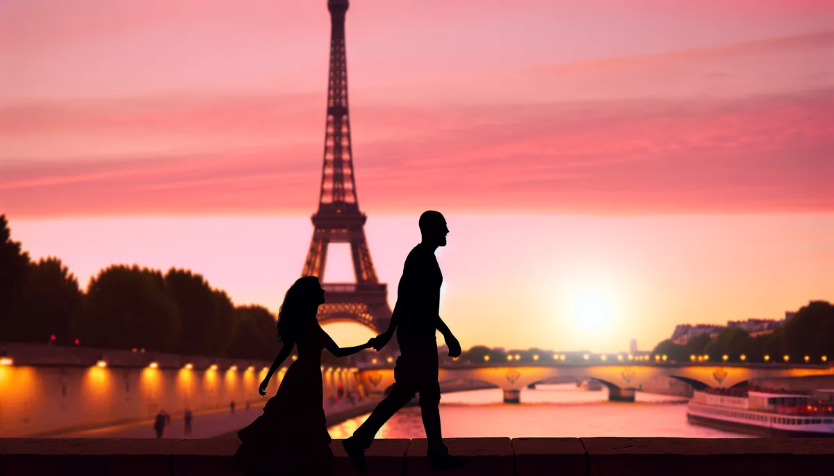 Romantic silhouettes of a couple walking along the Seine River in Paris with the illuminated Eiffel Tower in the background during golden hour