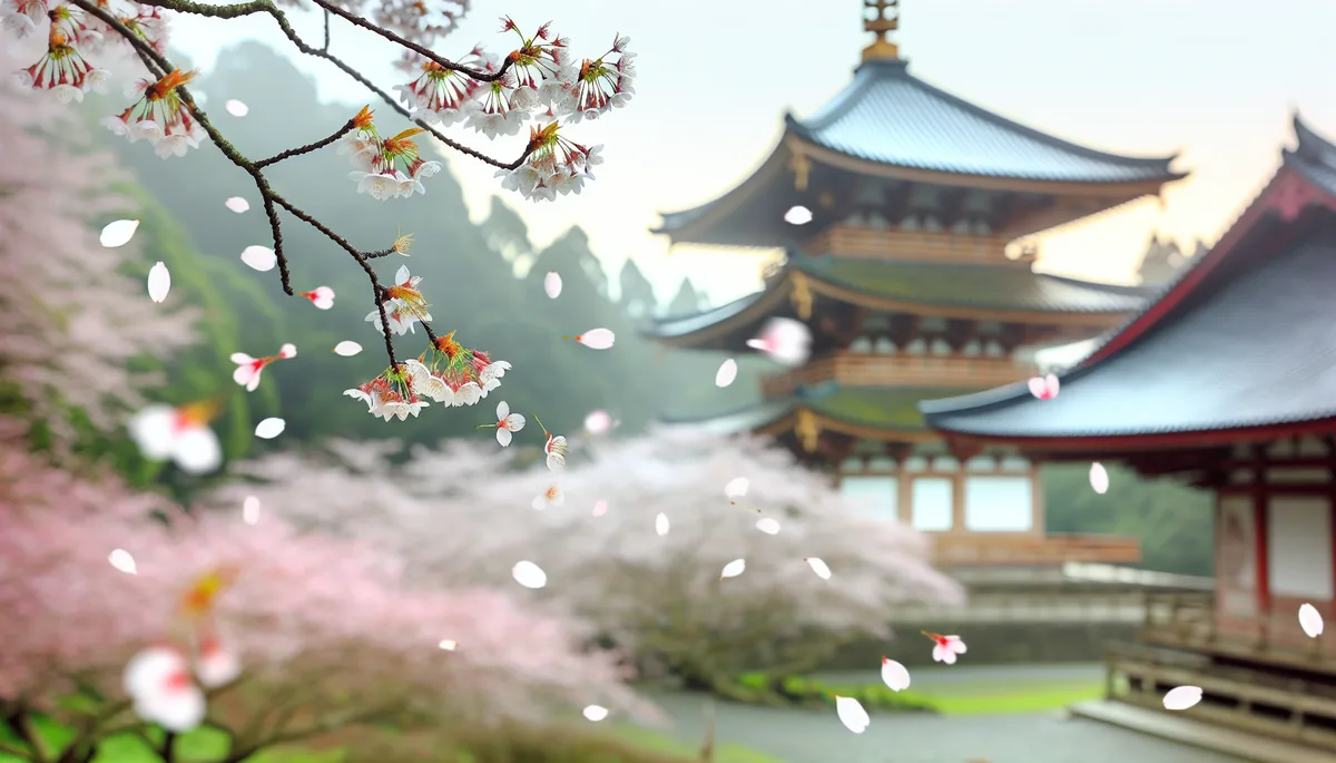 Cherry blossom petals gently falling around a traditional Asian temple pagoda in soft morning light, creating a peaceful spring travel scene
