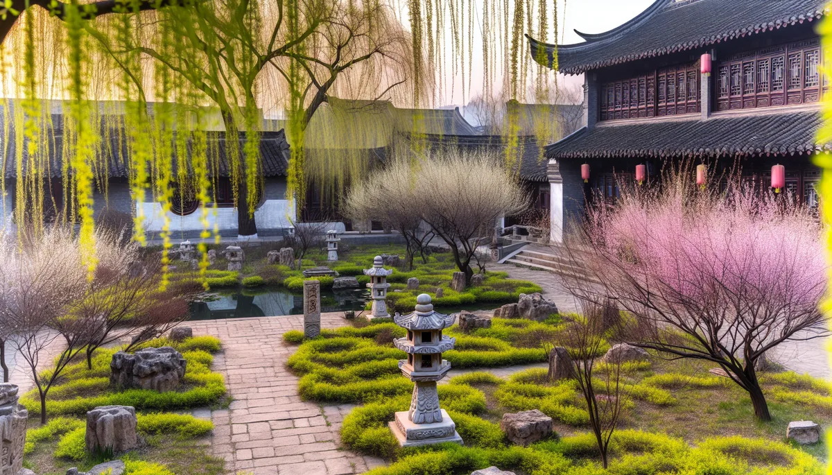 A serene Chinese temple courtyard surrounded by blooming spring flowers and willow trees during Qingming festival season