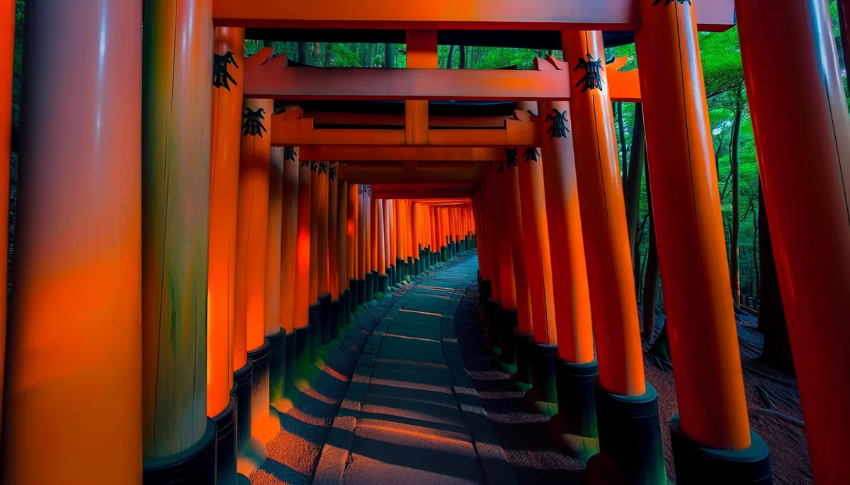 Fushimi Inari shrine's famous vermillion torii gate tunnel pathway in Kyoto, Japan, with warm golden lighting filtering through the traditional gates surrounded by green forest