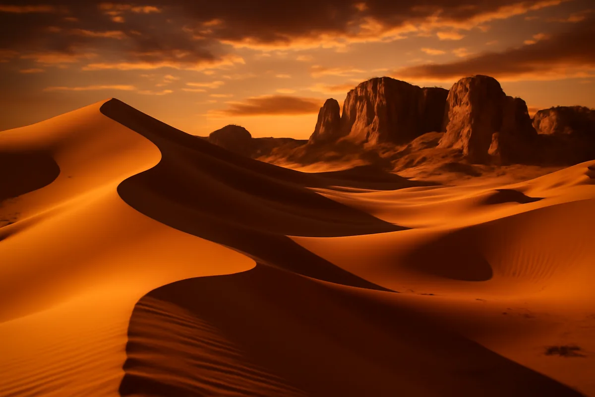 Vast golden sand dunes in the Saudi Arabian desert at sunset, with dramatic sandstone formations silhouetted against a warm amber and orange sky