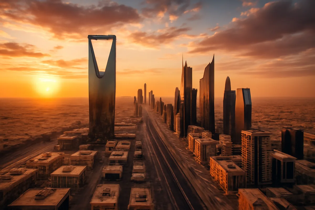 Aerial panoramic view of Riyadh, Saudi Arabia skyline at sunset, featuring modern skyscrapers and the iconic Kingdom Centre Tower surrounded by desert landscape under a warm golden sky.