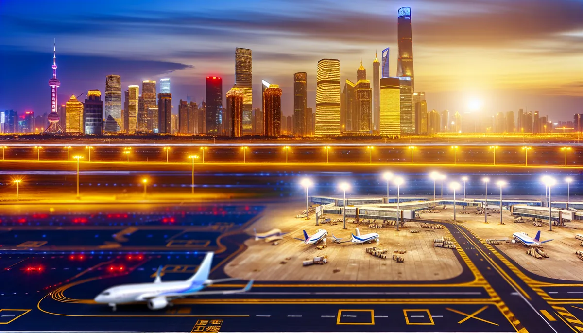 Modern city skyline at twilight with airport runway and aircraft, representing international business travel