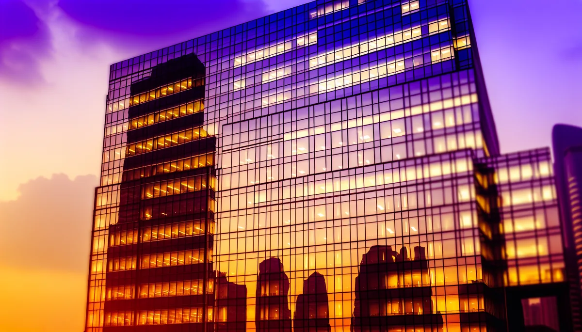 Modern glass office building with illuminated windows at sunset, reflecting the city skyline in a professional business district