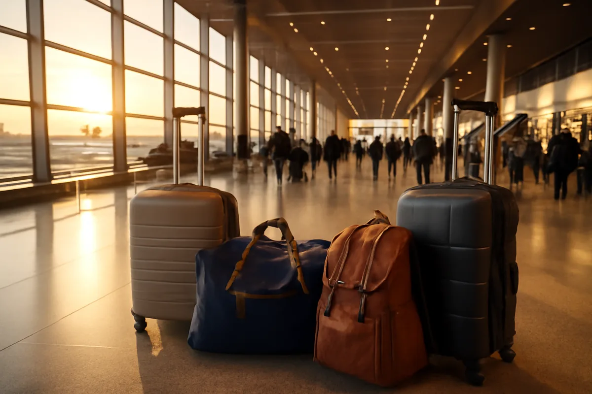 A bright and modern international airport departure hall bathed in golden hour light, with large windows overlooking the tarmac and aircraft, conveying the excitement and energy of summer international travel.