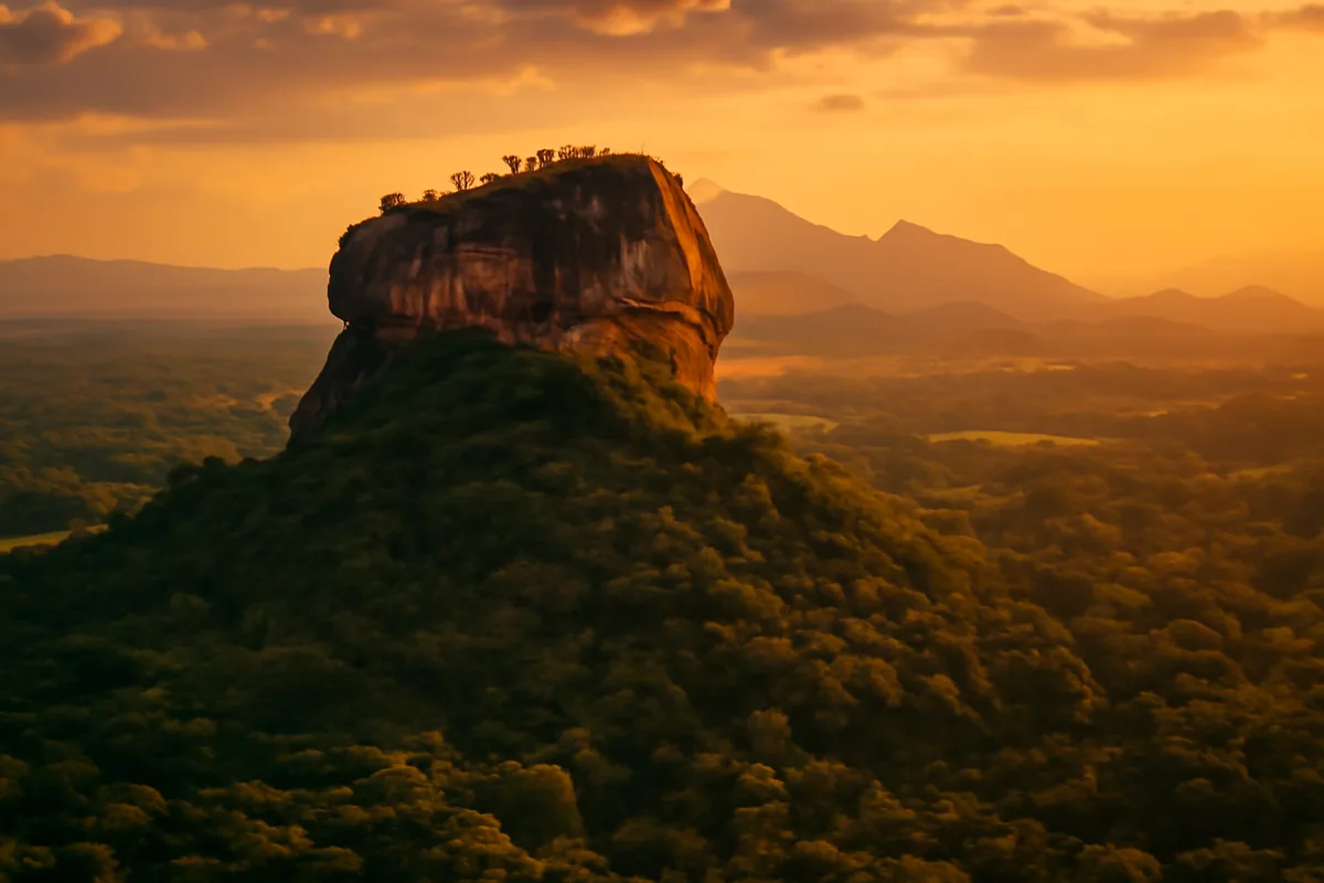 Majestic view of Sigiriya Lion Rock fortress in Sri Lanka surrounded by tropical jungle at sunset