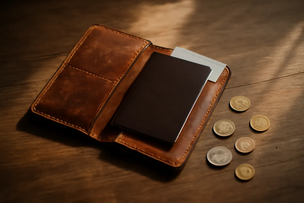 A worn leather travel wallet open on a wooden surface surrounded by travel essentials including a passport and foreign coins, lit by soft natural light