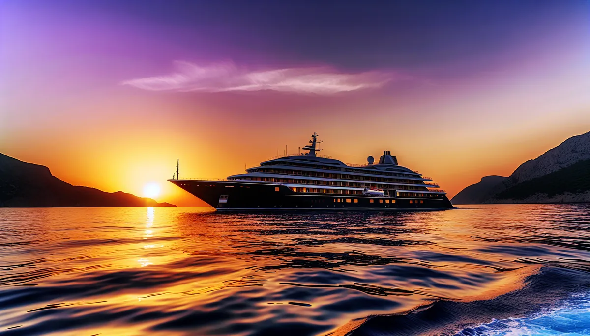 Luxury cruise ship sailing on calm Mediterranean waters during a golden sunset with dramatic orange and purple sky